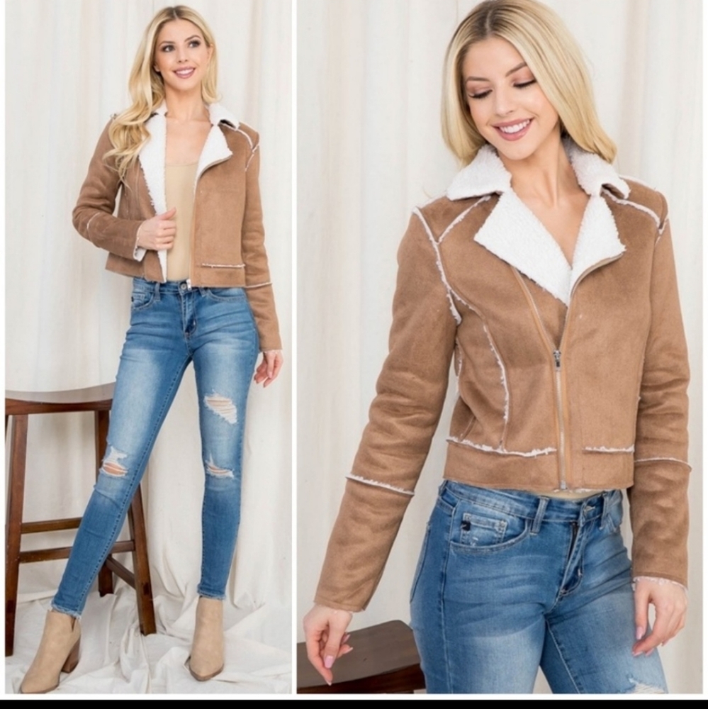 Sherpa Lined Zip Front Spliced Detail Jacket